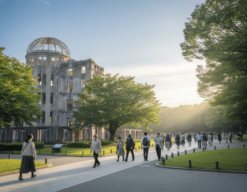Hiroshima Peace Memorial Park during a serene morning, with the iconic A-Bomb Dome prominently in the foreground, partially surrounded by lush green trees. The middle ground features visitors of diverse backgrounds, dressed in modest casual clothing, reflecting on the memorial's significance. In the background, soft sunlight filters through the trees, casting gentle shadows and illuminating the park's tranquil pathways. The atmosphere is contemplative and respectful, evoking the history of resilience and hope. The scene captures a wide-angle perspective showcasing the juxtaposition of the dome against the peaceful landscape, with a clear blue sky enhancing the overall mood of reflection and remembrance. The image should be vibrant yet somber, encapsulating the essence of Hiroshima's poignant narrative.
