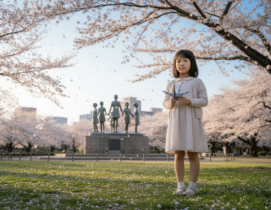 Sadako Sasaki stands in a serene park setting, a young girl in modest, casual clothing, her expression reflecting a gentle sadness yet resolute hope. In her hands, she delicately holds a colorful paper crane, symbolizing peace and resilience. The foreground is lush with greenery, with soft petals scattered around, creating a tranquil ambiance. The middle ground features the Kinderfriedensdenkmal, a poignant sculpture of children holding hands, surrounded by blooming cherry blossom trees, their petals gently falling. In the background, a clear blue sky meets the distant silhouette of Hiroshima’s urban landscape, under warm golden sunlight casting a soft glow. The overall mood is contemplative, evoking themes of remembrance and hope amidst a natural, serene environment.